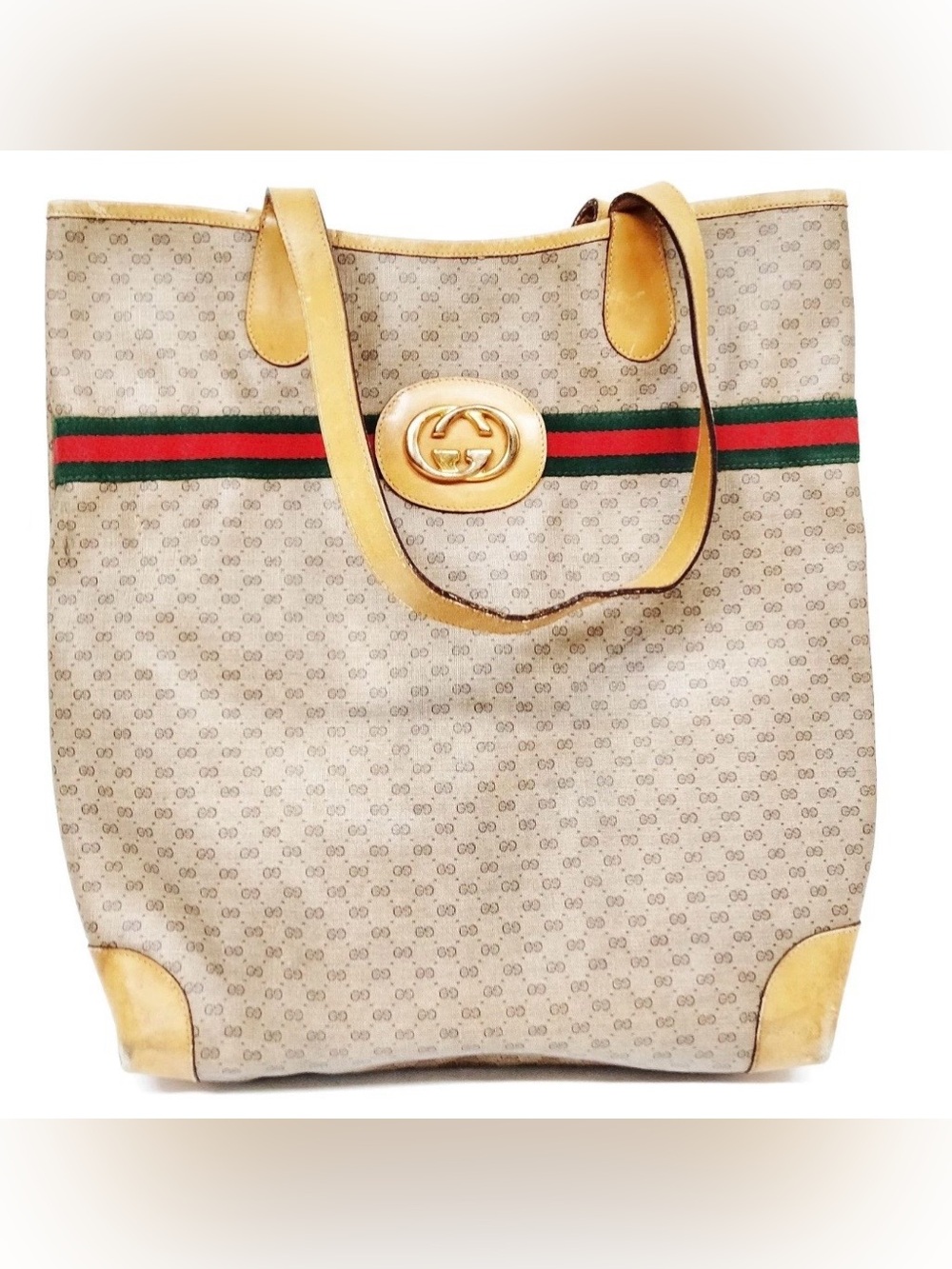 Gucci Beige GG Supreme Tote with Green-Red Contrasting Stripes and Gold Hardware